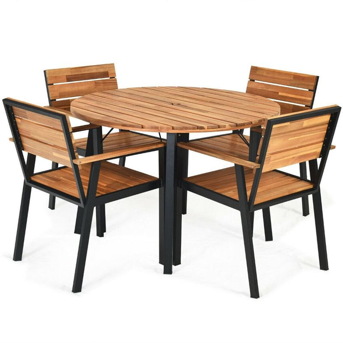 Wood Patio Dining Chair Set with Umbrella Hole - 5 Piece