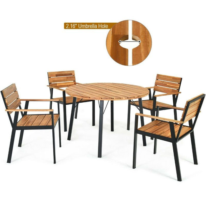 Wood Patio Dining Chair Set with Umbrella Hole - 5 Piece